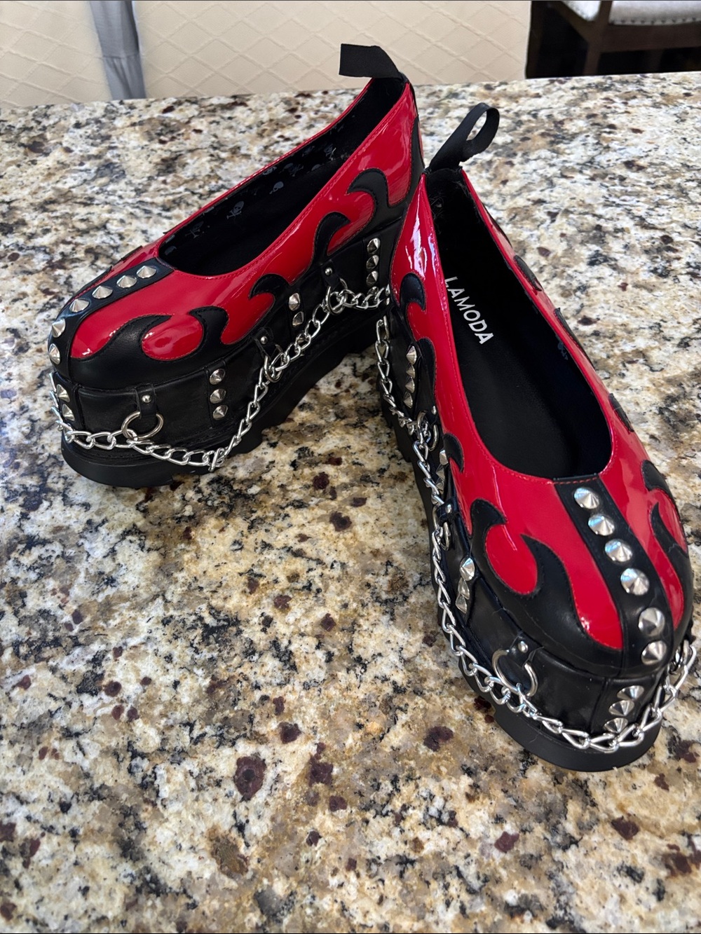 La Moda Red & Black Flame Platform Flats with Studs and Chain
